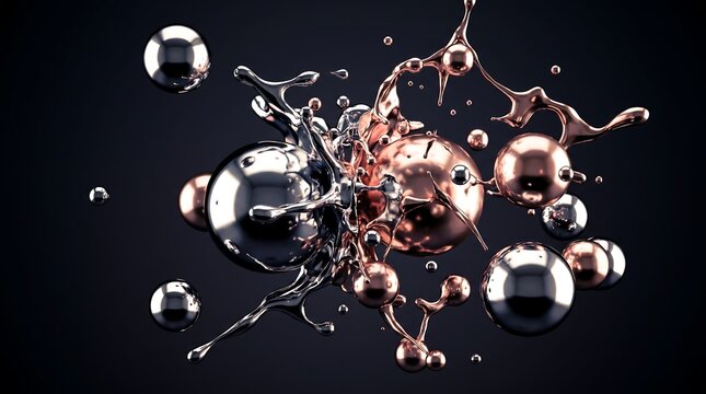 Abstract composition of colliding metallic chrome and rose gold liquid spheres creating dynamic splashes on a dark background surface