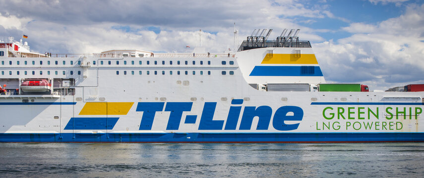 Swinoujscie, West Pomeranian - Poland - July 08, 2024: TT-Line Nils Holgersson ferry leaving port in Swinoujscie and sailing to Trelleborg. Transport passengers and cars