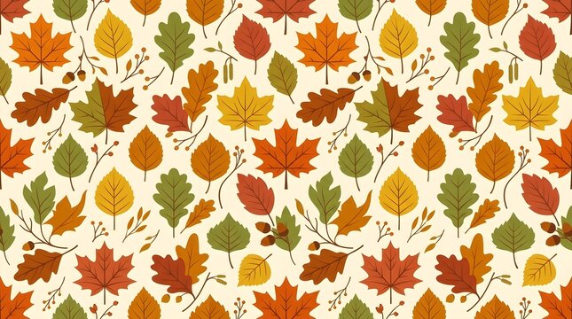 Seamless Autumn Pattern with Colorful Maple Leaves, Oak Leaves, and Acorns