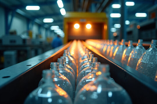 Industrial plastic bottle manufacturing process with conveyer belt transporting empty clear bottles in modern factory setting with bright lighting