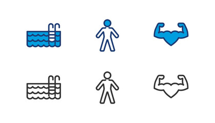 Fototapeta premium A collection of simple linear and colored vector icons depicting a swimming pool a human figure and muscular arms for fitness