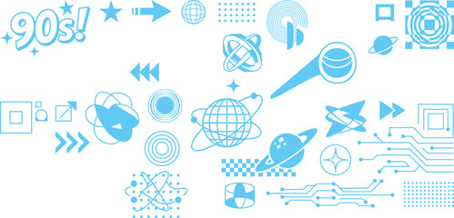 Light blue y2k retro futuristic tech motifs featuring nineties text saturn planet circuit lines and orbital rings © MDNUR