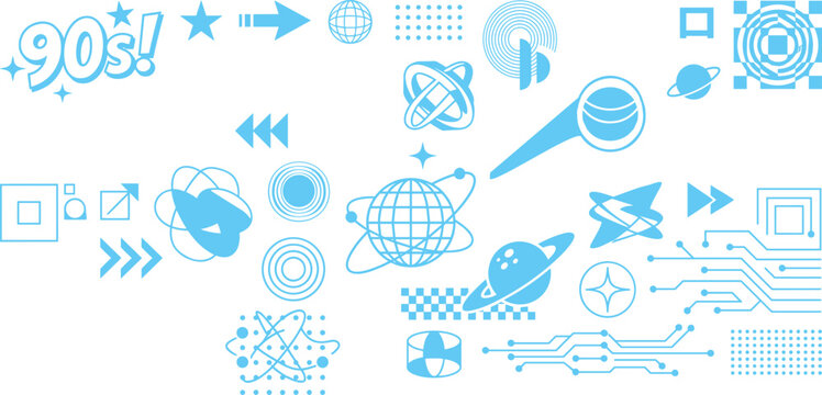 Light blue y2k retro futuristic tech motifs featuring nineties text saturn planet circuit lines and orbital rings