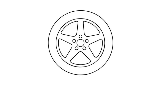 Hand-drawn vector icon of car wheel rim with five spokes, minimalist line art illustration, clean scalable outline for automotive transport, simple black stroke on white, perfect for logo branding