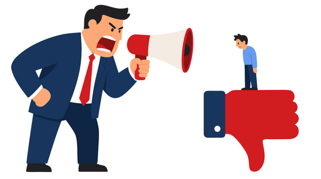 Furious businessman with megaphone aggressively shouting at small employee standing on giant red downvote icon - corporate negative feedback and workplace criticism concept vector illustration