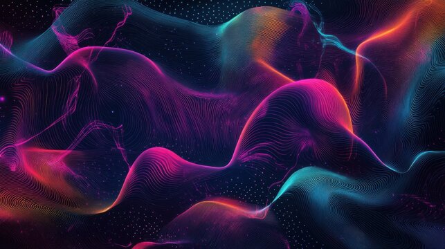 Abstract waves create a vibrant symphony of neon colors that flow across the dark background to provide a dynamic sense of motion and energy perfect for modern digital graphic design layouts.