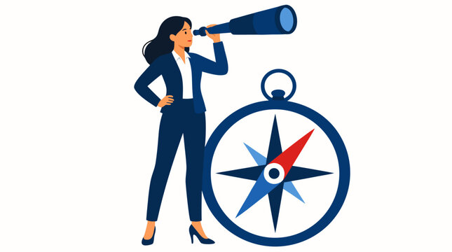 Professional Businesswoman with Telescope and Compass Rose - Strategic Vision, Leadership, Navigation and Success Business Vector Illustration for Corporate Planning and Future Direction