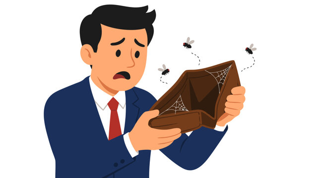 Worried businessman holding an empty brown leather wallet filled with cobwebs and buzzing flies, concept of financial crisis, bankruptcy, poverty, economic hardship, flat vector illustration isolated
