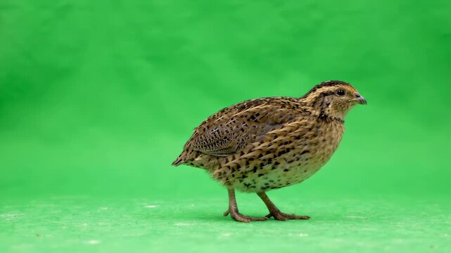 Small common quail walking slowly across a bright green screen background for compositing and visual effects