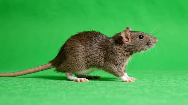 Small brown rat sniffing and walking across a bright green screen background for visual effects compositing
