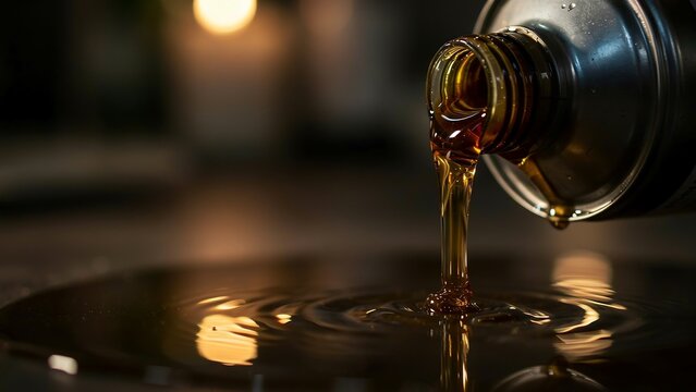 Close up of engine oil flowing from oil bottle, motor oil pouring, new clean car engine oil flows out of the cannister, lubrication service, oil background.