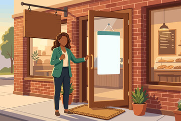 Fototapeta premium Female small business owner opening door of her shop cafe in the morning, vector illustration