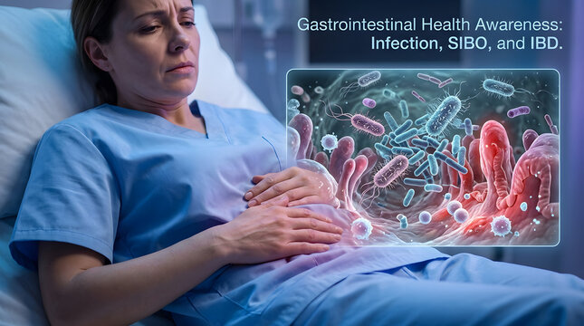 Woman in Hospital Bed with Stomach Pain and Medical Graphic of Gut Bacteria Infection SIBO and IBD