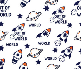 Obraz premium Niedliches nahtloses Muster mit Raketen, Planeten, Sternen und Weltraumelementen im handgezeichneten Stil – perfekt für Paper Crafts, Textilien, Scrapbooking und Designprojekte.