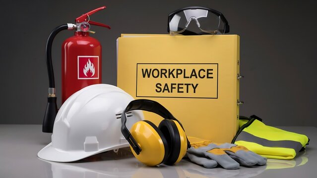 Yellow Fire Extinguisher with Safety Helmet and Protective Construction Equipment Isolated on White Background Industrial Workplace Safety Concept