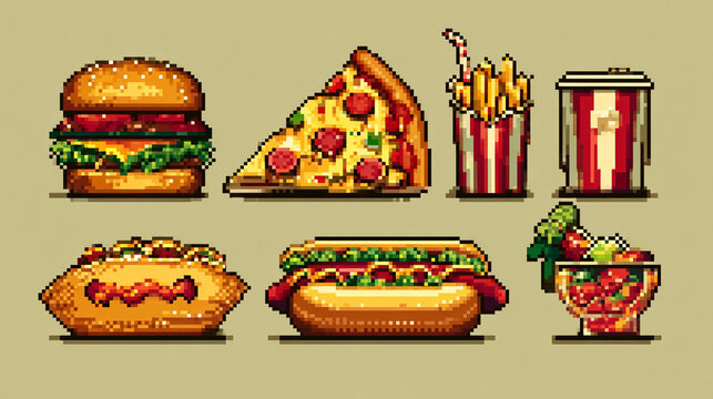 Pixel art fast food collection including burger pizza fries soda.
