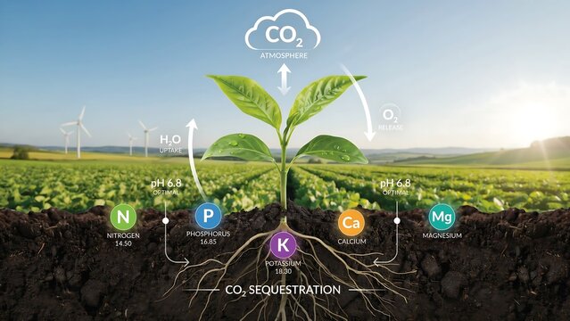 A detailed illustration of a plant growing in soil with diagrams showing CO2 sequestration, water uptake, and essential nutrients.