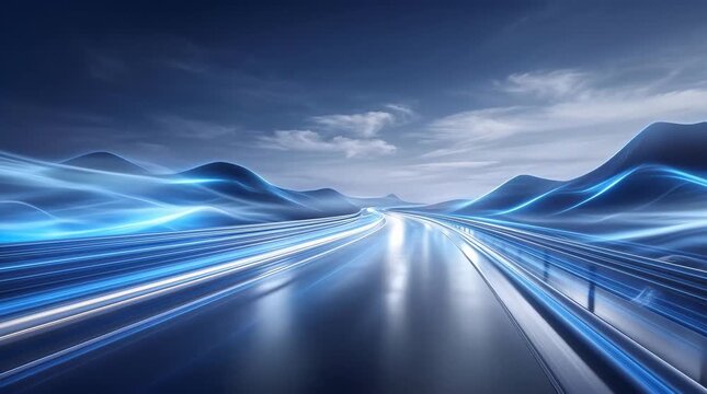 Futuristic highway with glowing light trails and abstract mountains 4k video