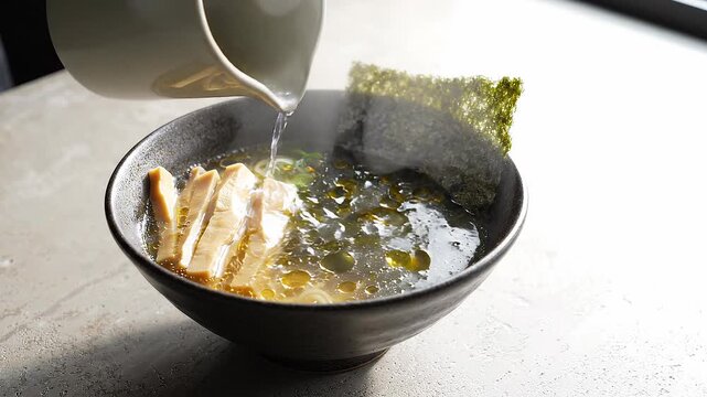 Pouring hot broth into a bowl of ramen noodles with pork and seaweed.