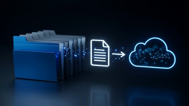 Data migration process showing digital files transferring from blue folders into secure cloud storage system representing remote backup and cloud computing technology architecture.