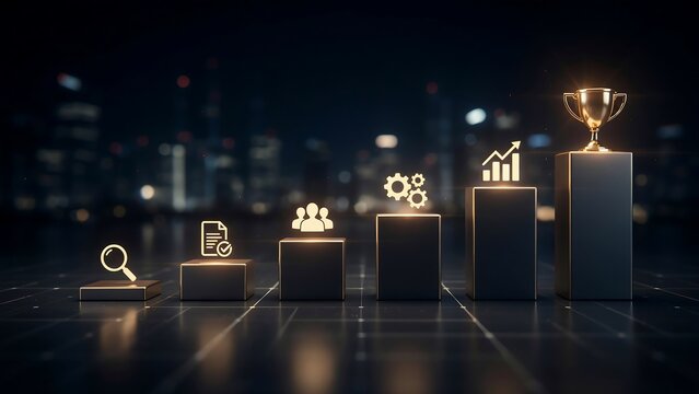 Business growth conceptual graphic showing progressive steps leading to success with trophy icon on top of chart columns representing development and professional achievements.