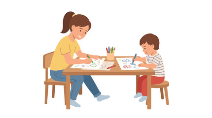 Fototapeta premium Mother and child drawing together at a table with crayons