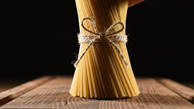 Spaghetti pasta bundle tied with rustic twine on a wooden surface against a black background