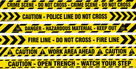 Fototapeta premium Yellow and Black Security Warning Tape Vector Set Featuring Realistic Police Crime Scene Caution Hazardous Material Fire Line and Construction Work Area Ahead Restrictive Strip Ribbons
