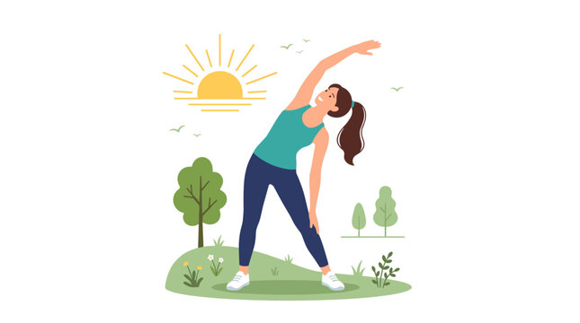 Mulher se exercitando ao ar livre com o sol nascendo e p&aacute;ssaros voando
