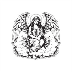 Naklejka premium Angel Sitting on Clouds Illustration, Vintage Guardian Angel Line Art, Heavenly Angel with Wings Drawing, Divine Angel Black and White Illustration, Ethereal Angel Engraving Style Artwork