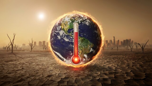 A burning earth with a thermometer represents global warming, climate change, and environmental crisis with a desolate landscape background.