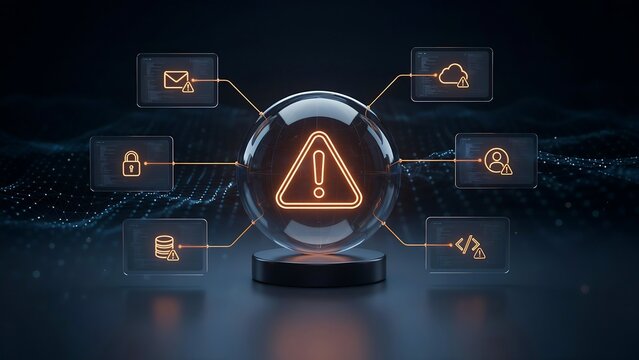 A glowing orange exclamation mark inside a glass sphere with various data security icons surrounding it on a dark background.
