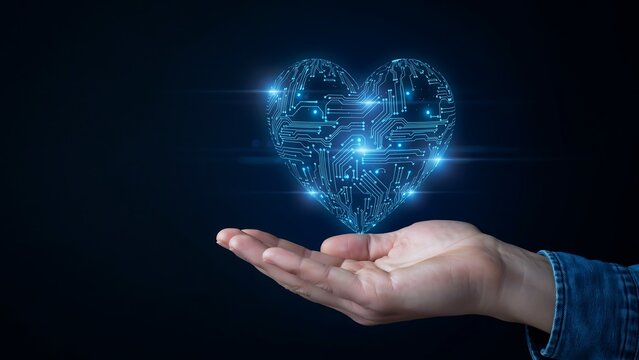 A hand holds up a glowing blue heart-shaped circuit board, representing artificial intelligence, digital love, and advanced technology.