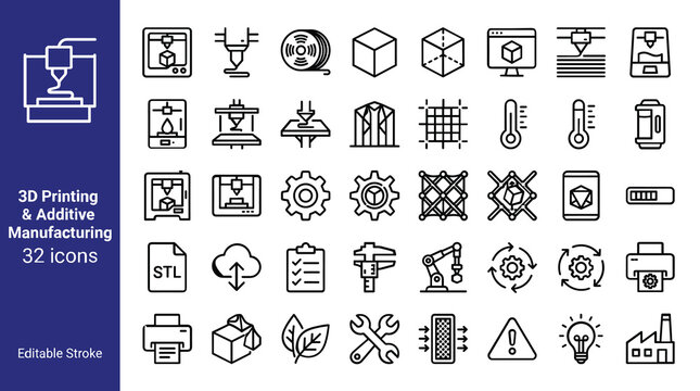 3D Printing and Additive Manufacturing Icon Set, 32 Industrial Line Icons for Rapid Prototyping, Modern Digital Fabrication Vector Symbols