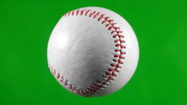Spinning leather baseball rotating slowly in mid-air against a bright green screen background for sports compositing