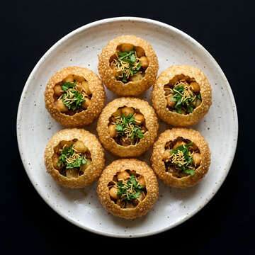 Pani puri on a plate. Traditional Indian street food snack with chickpeas and herbs.