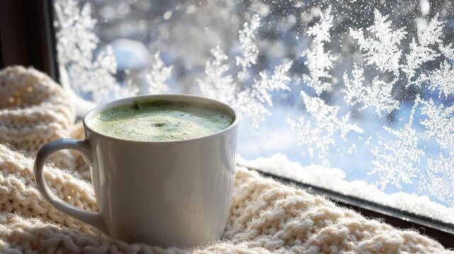 Cozy Winter Morning Warm Drink by Frosted Window.