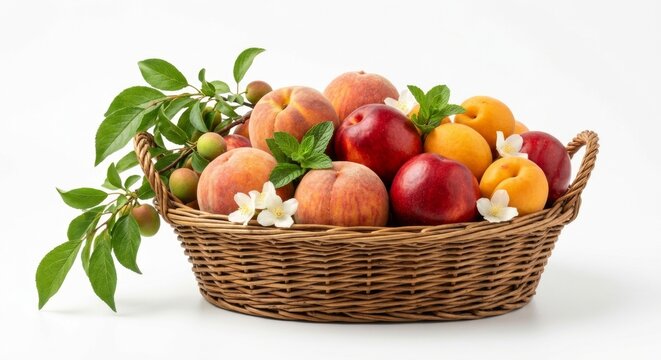 Fresh peaches and nectarines in a wicker basket