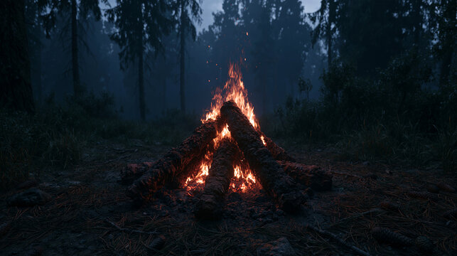 A warm bonfire burns brightly in a dark forest at night. Cozy camping concept for outdoor adventure and travel themes.
