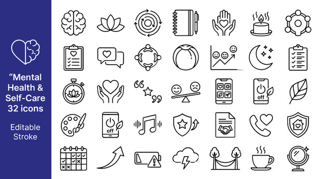 Mental health and self-care line icons, 32 editable stroke vector elements. Wellness and psychology symbols for therapy apps and mindfulness branding.