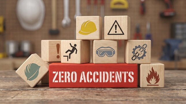 Zero accidents safety concept on wooden blocks, industrial workplace health and safety icons, occupational hazard prevention in construction workshop