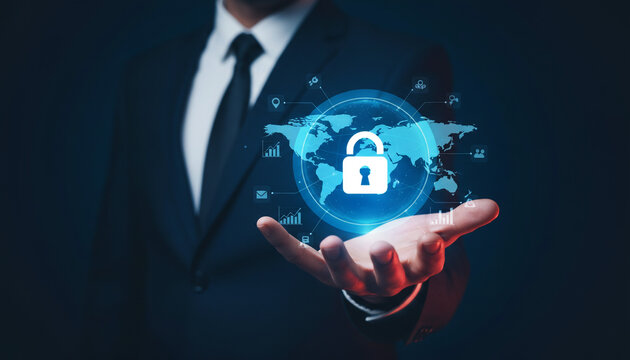 Businessman showing cyber security network hologram with padlock and global map for information technology safety.