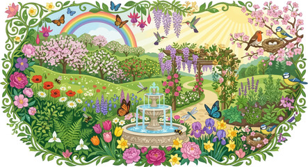 Obraz premium Garden landscape features a stone fountain surrounded by colorful flower beds and a lush rolling hillside under a rainbow.