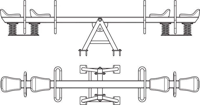 Technical drawing of a four seat playground seesaw with spring shock absorbers in side and top view