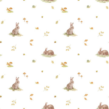 Woodland Baby Seamless Pattern with Watercolor Bunnies