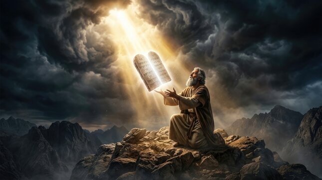 Divine precept manifest: Moses receive, sacred commandment, ethical guide, moral code, holy covenant, spiritual law, scripture concept, religious category, ancient decree, wisdom teach, stone tablet.