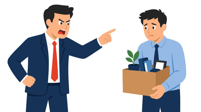 Furious boss in suit pointing accusatory finger at nervous employee holding cardboard box of belongings during workplace dismissal, termination and layoff - business conflict illustration