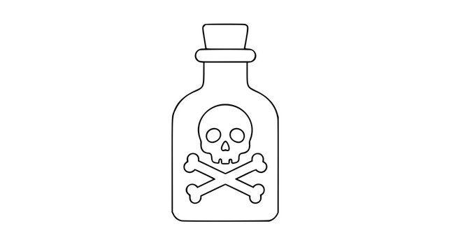 A minimalist line art vector icon of a poison bottle featuring a classic skull and crossbones symbol, representing danger, toxicity, and hazardous substances in a clean, scalable outline style