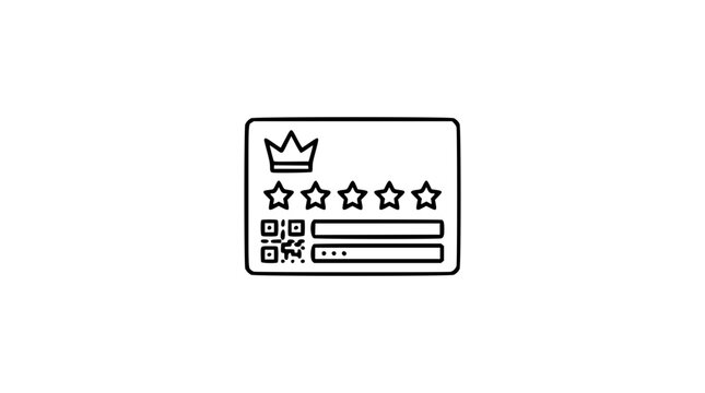 Minimalist vector icon of a VIP membership card featuring a crown symbol, five rating stars, and a QR code for digital scanning, presented as a clean black and white hand-drawn line art illustration.
