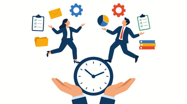 Businesswoman and businessman balancing and juggling on a giant clock with office work tasks, gears, checklists, files and productivity symbols representing time management and multitasking